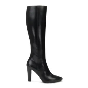 BLACK WOODEN HEEL KNEE-HIGH BOOTS