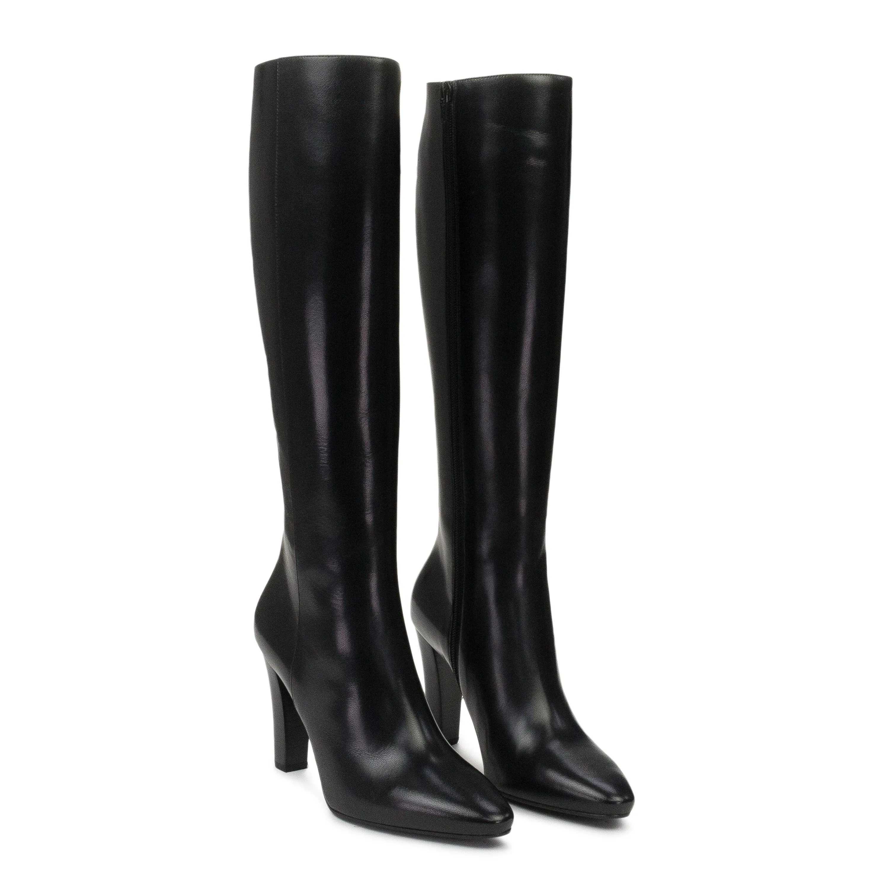 BLACK WOODEN HEEL KNEE-HIGH BOOTS