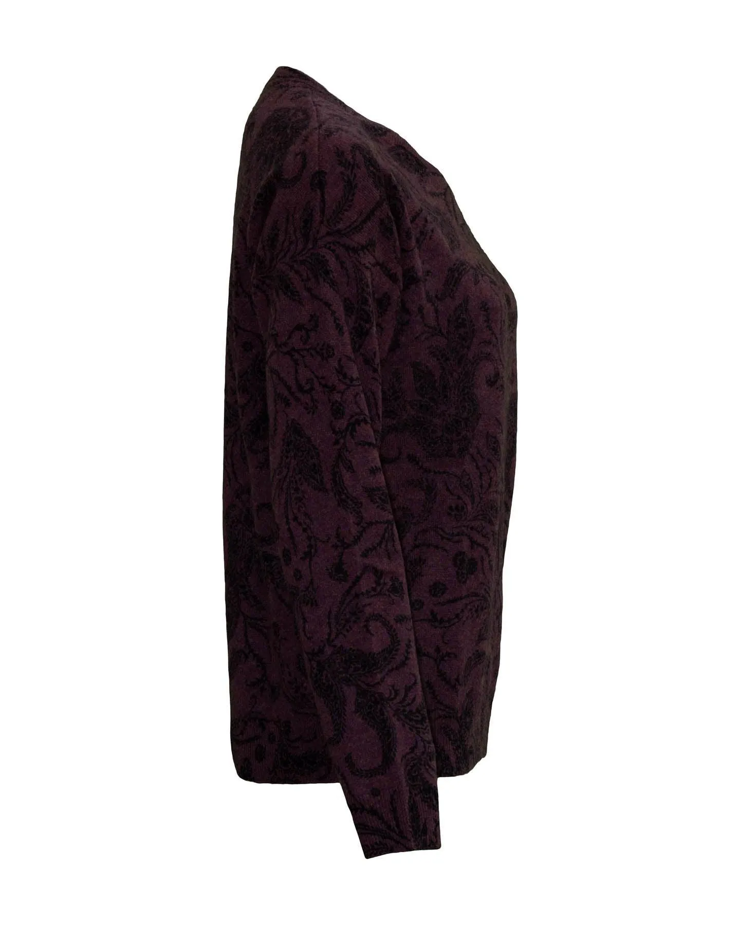 Cashmere Floral Design Crew Neck Sweater Burgundy