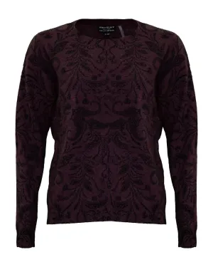Cashmere Floral Design Crew Neck Sweater Burgundy