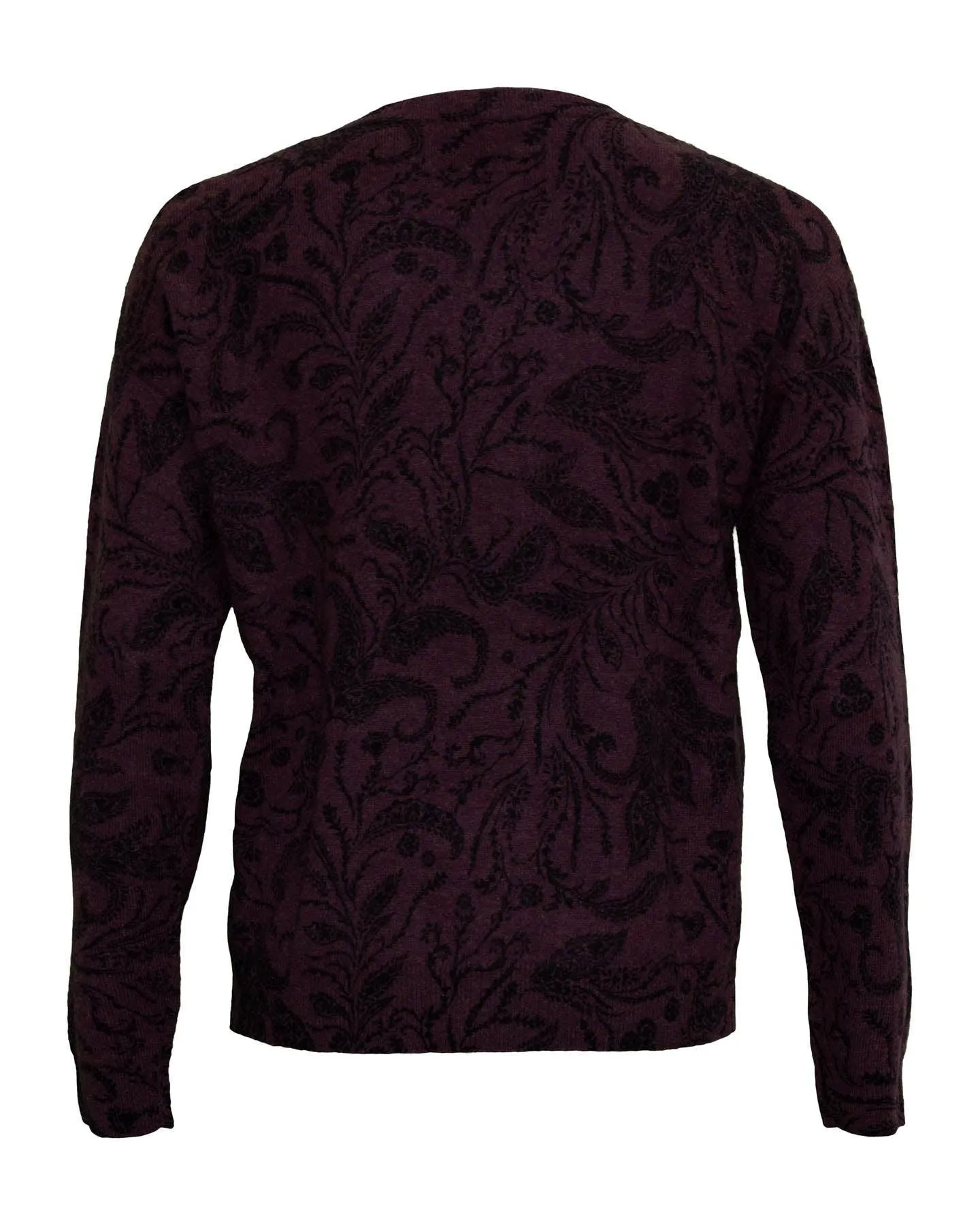 Cashmere Floral Design Crew Neck Sweater Burgundy