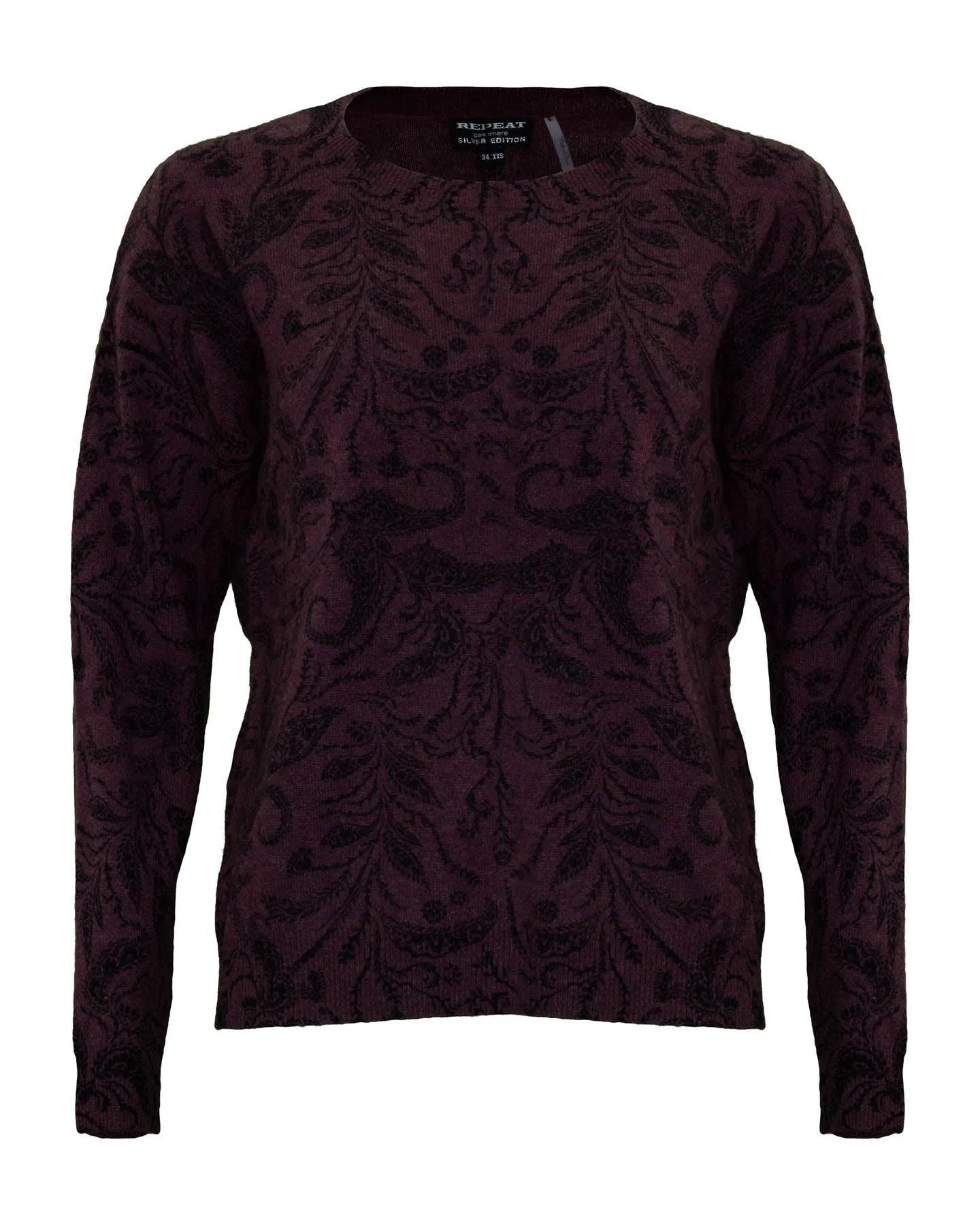 Cashmere Floral Design Crew Neck Sweater Burgundy