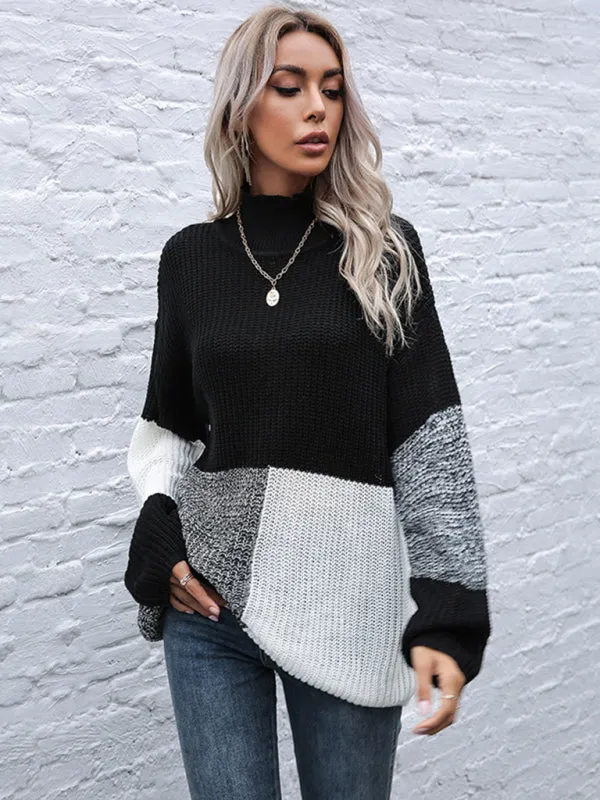 Color Block Loose Fit Turtleneck Knitted Sweater