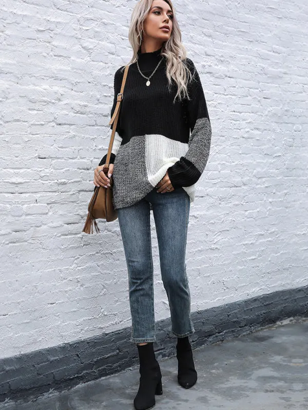 Color Block Loose Fit Turtleneck Knitted Sweater