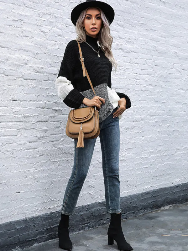 Color Block Loose Fit Turtleneck Knitted Sweater