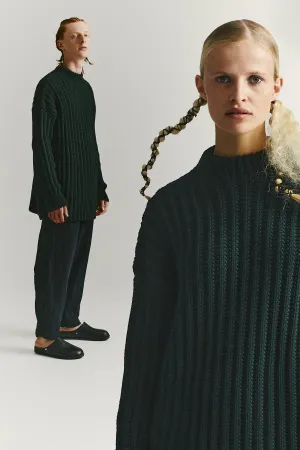 CREW NECK OPEN RIB SWEATER - WOOLY - GREEN
