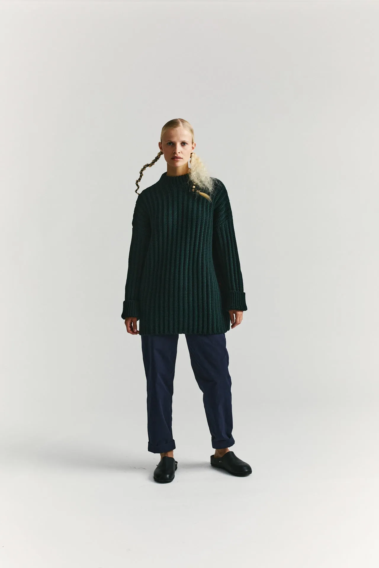 CREW NECK OPEN RIB SWEATER - WOOLY - GREEN