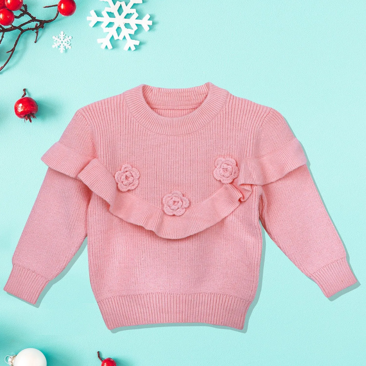 Flowers And Frills Premium Full Sleeves Knitted Sweater - Peach