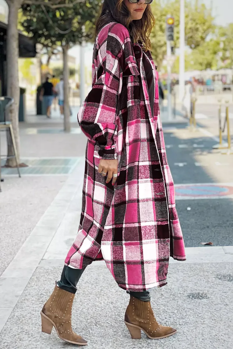 Lapel Plaid Print Woolen Long Coat
