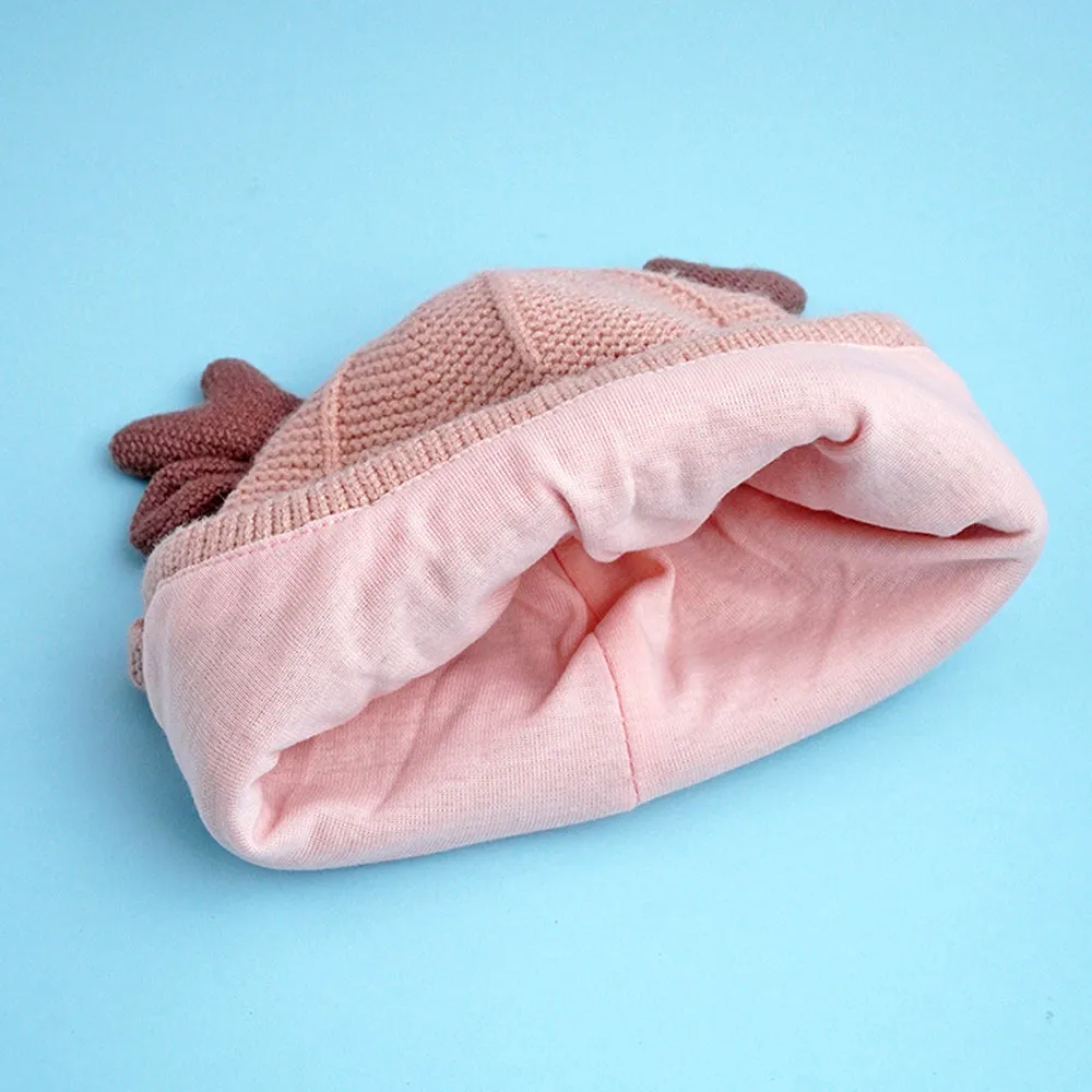 Little Surprise Box Peach Baby Antler Knitted Soft Woolen Winter Cap With Tie Up 6-18 Months