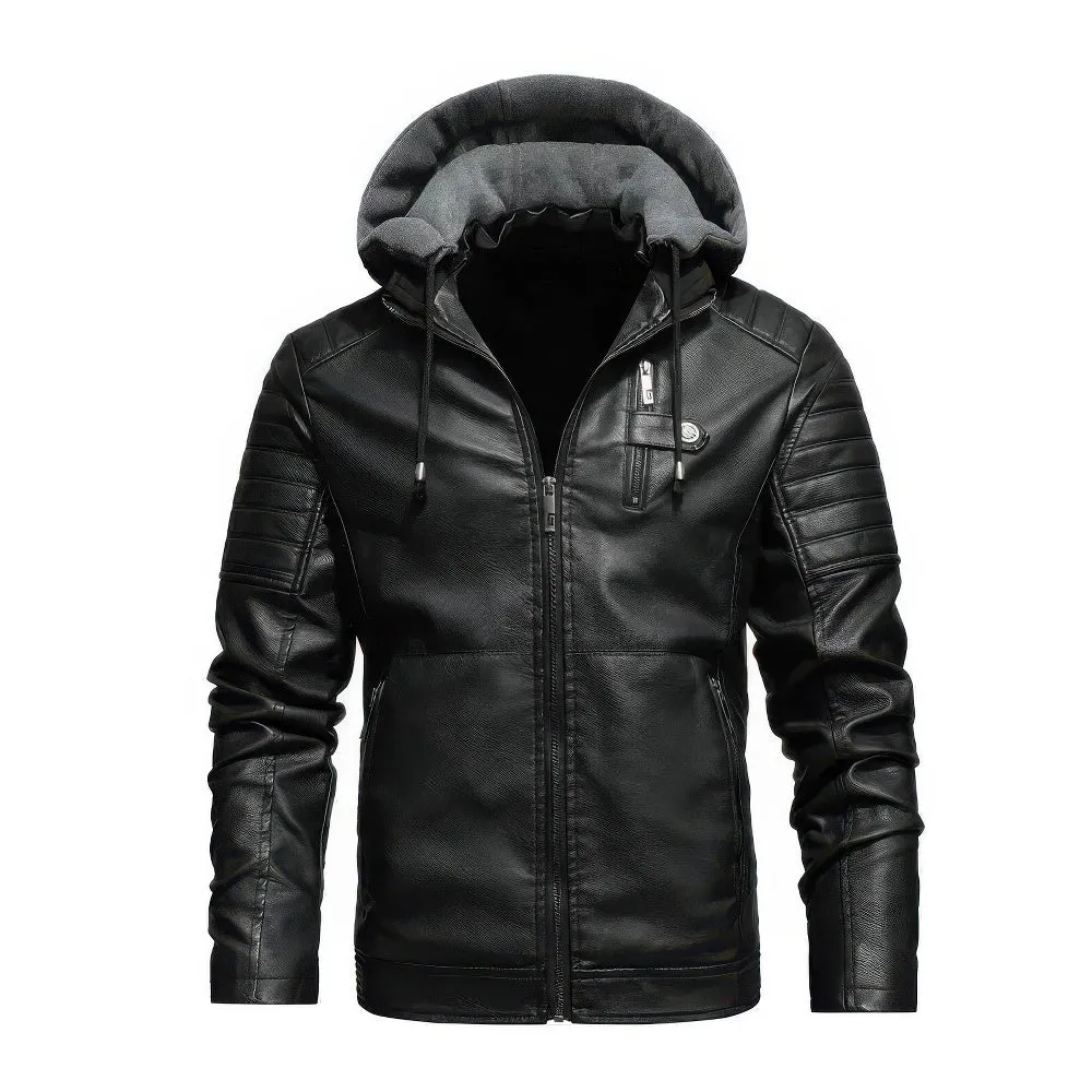 Mens Leather Jacket - Hooded Design - Padded Shoulders - Casual Fit - Zip Closure