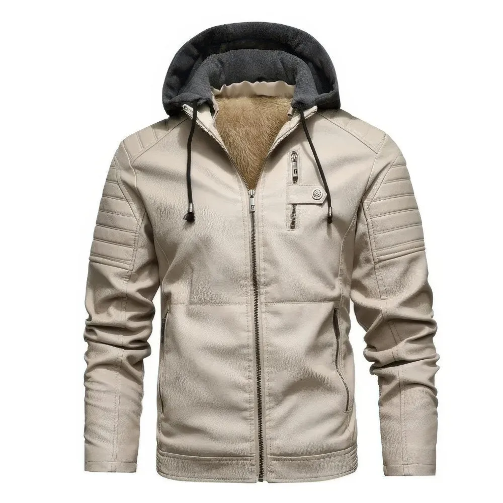 Mens Leather Jacket - Hooded Design - Padded Shoulders - Casual Fit - Zip Closure