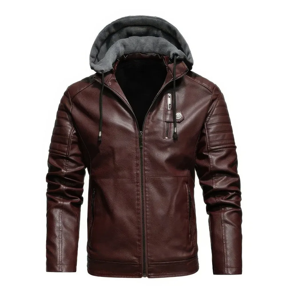 Mens Leather Jacket - Hooded Design - Padded Shoulders - Casual Fit - Zip Closure