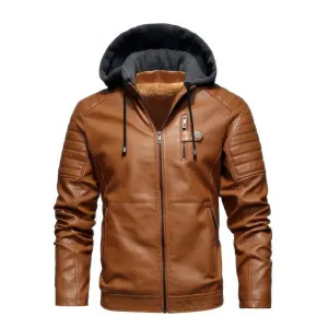 Mens Leather Jacket - Hooded Design - Padded Shoulders - Casual Fit - Zip Closure