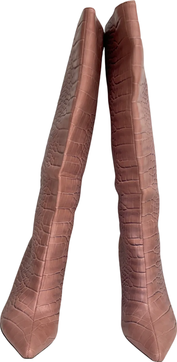 Missguided Pink Mock Croc Mid Heel Knee High Boots UK 7 EU 40 👠