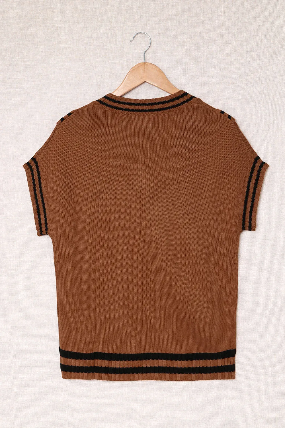 Women's V Neck Contrast Stripes Trims Short Sleeve Sweater